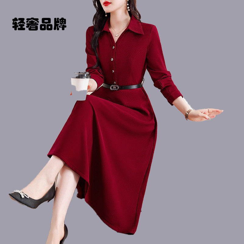 朗姿约定新年红色长袖洋装女春秋2026新款妈妈秋装收腰显瘦裙子
