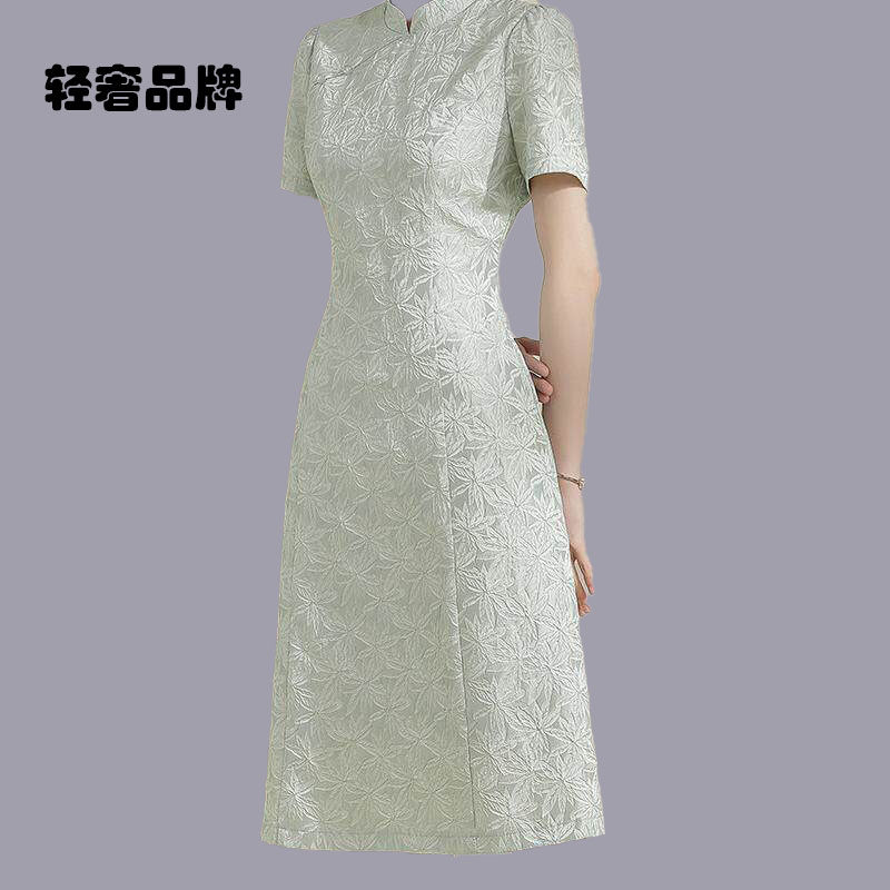 朗姿约定墨清华夏季瘦身新中式旗袍时尚百搭优雅提花连衣裙