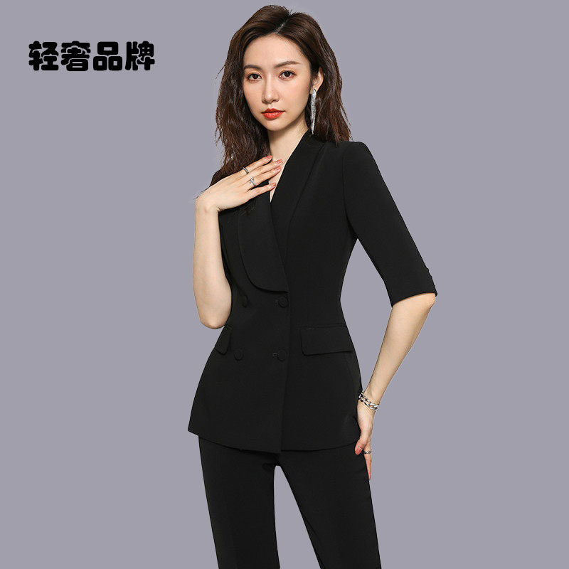 朗姿约定黑色职业装套装女士2026夏季新款五分袖OL售楼部工作服装