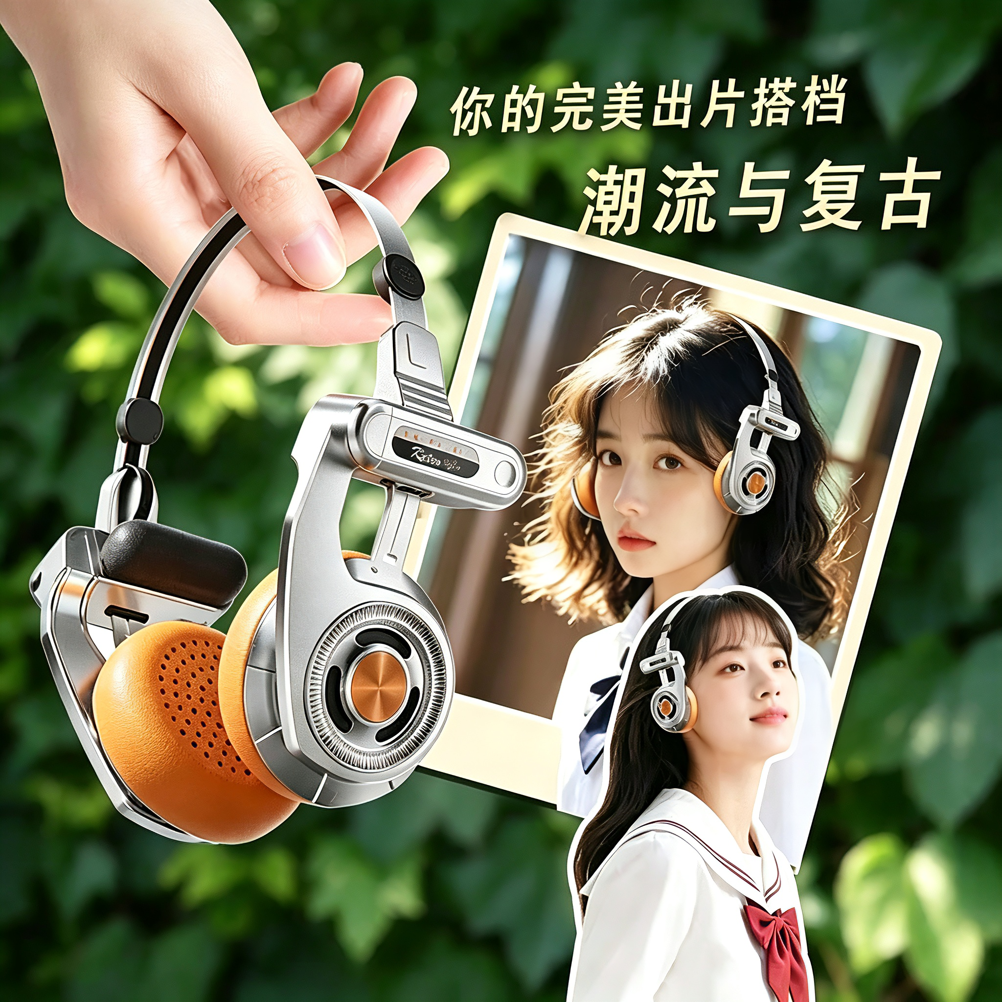 复古头戴式蓝牙耳机便携式重低音炮金属设计可折叠手机电脑耳机