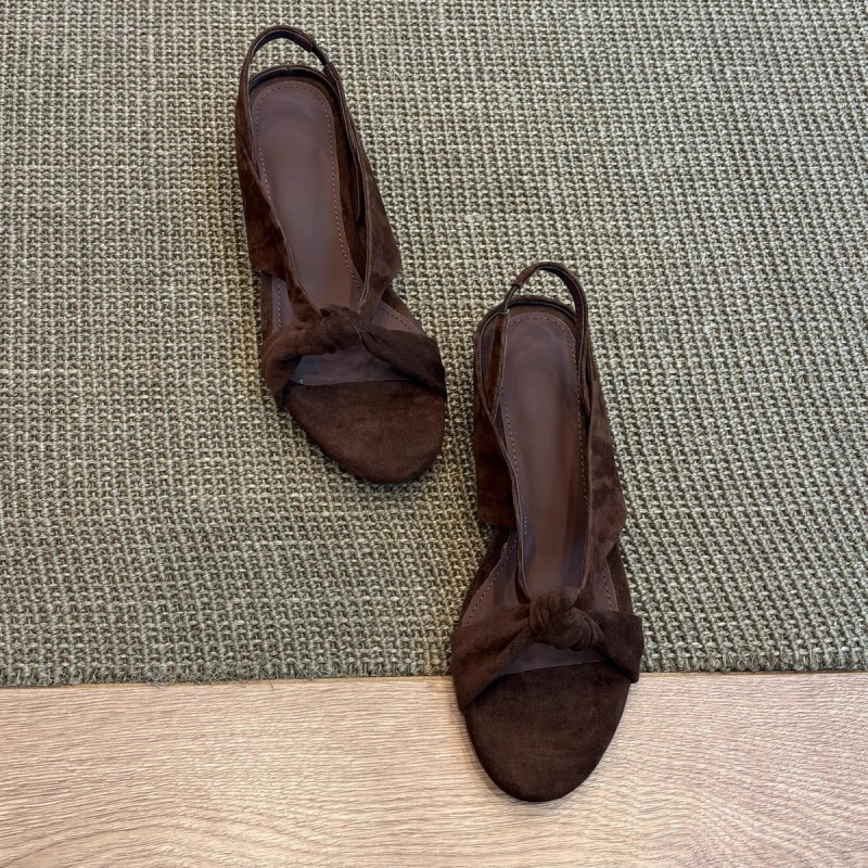 复古圆头露趾交叉带坡跟罗马凉鞋