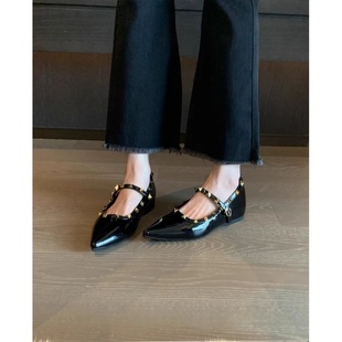 尖头铆钉一字扣带浅口单鞋 女2025年新款 黑色漆皮法式 气质玛丽珍鞋