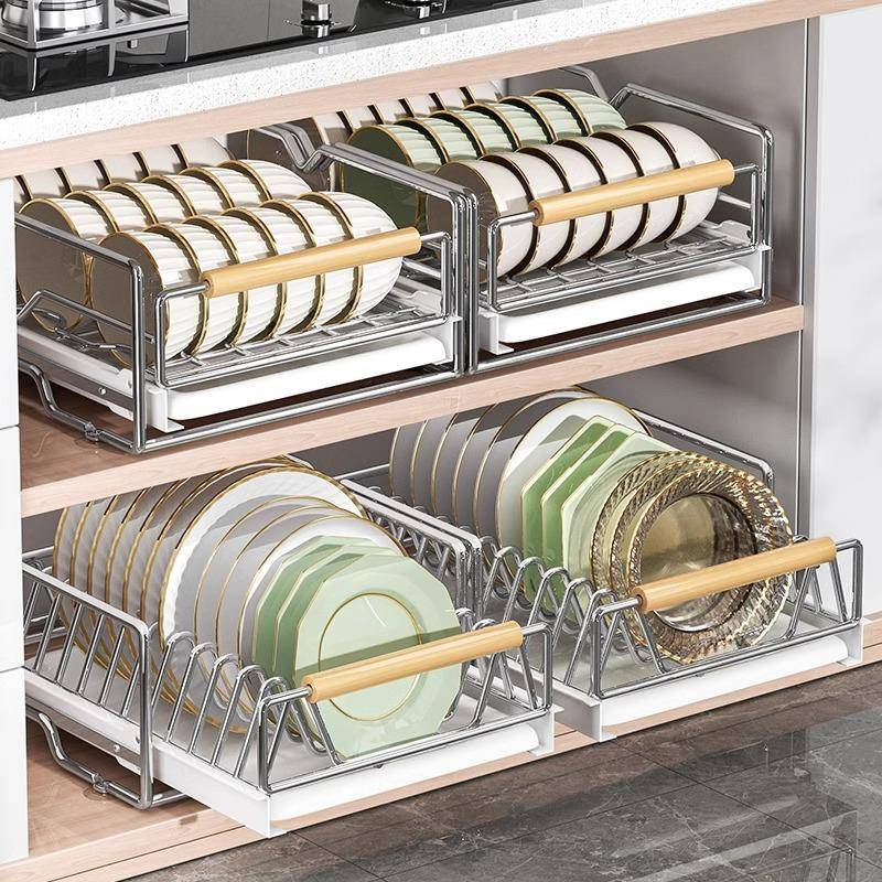 不锈钢碗碟收纳架厨房橱柜内置物架抽屉式拉篮抽拉碗盘子沥水碗架