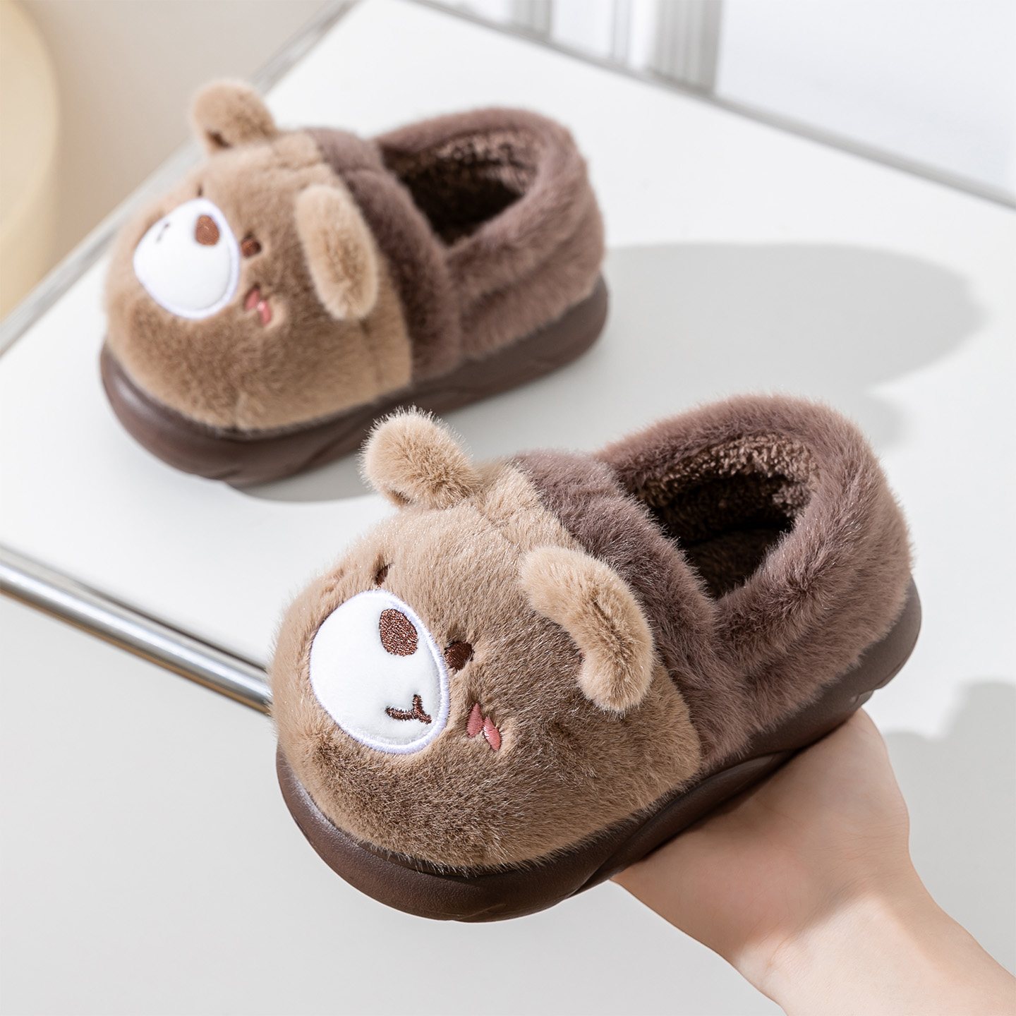 小熊儿童棉拖鞋男童冬季包跟毛绒