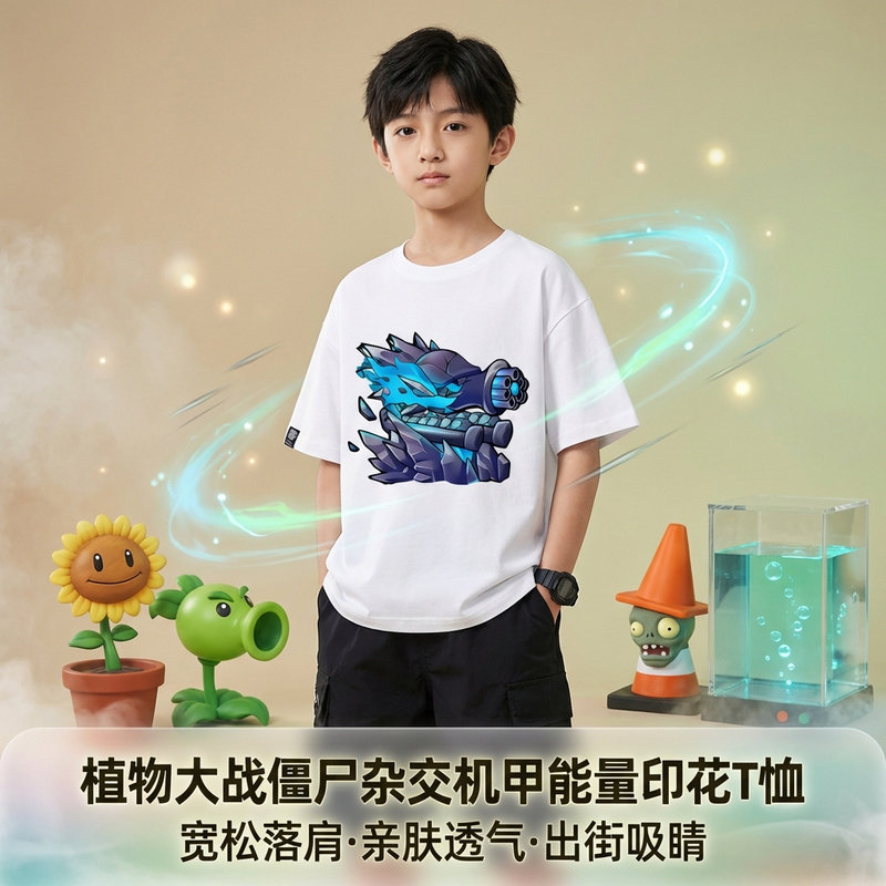 植物大战僵尸T恤男童儿童衣服机枪豌豆射手短袖童装僵王博士夏棉