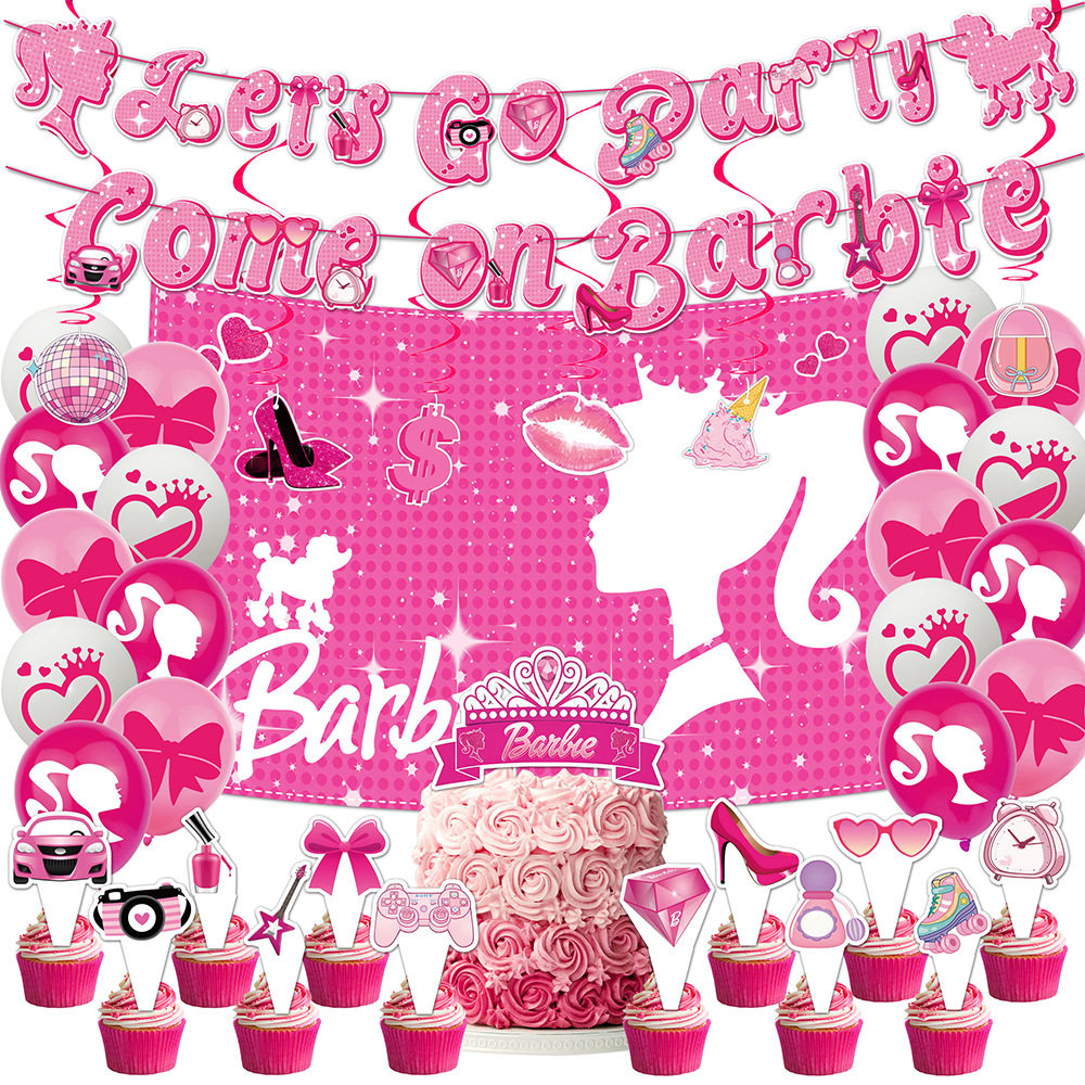 芭比Lets Go单身派对主题装饰拉旗蛋糕插旗气球吊旋背景布置套装