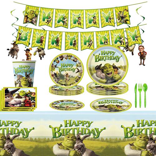 史莱克主题派对装饰餐具布置用品 shrek纸盘纸杯桌布生日横幅气球