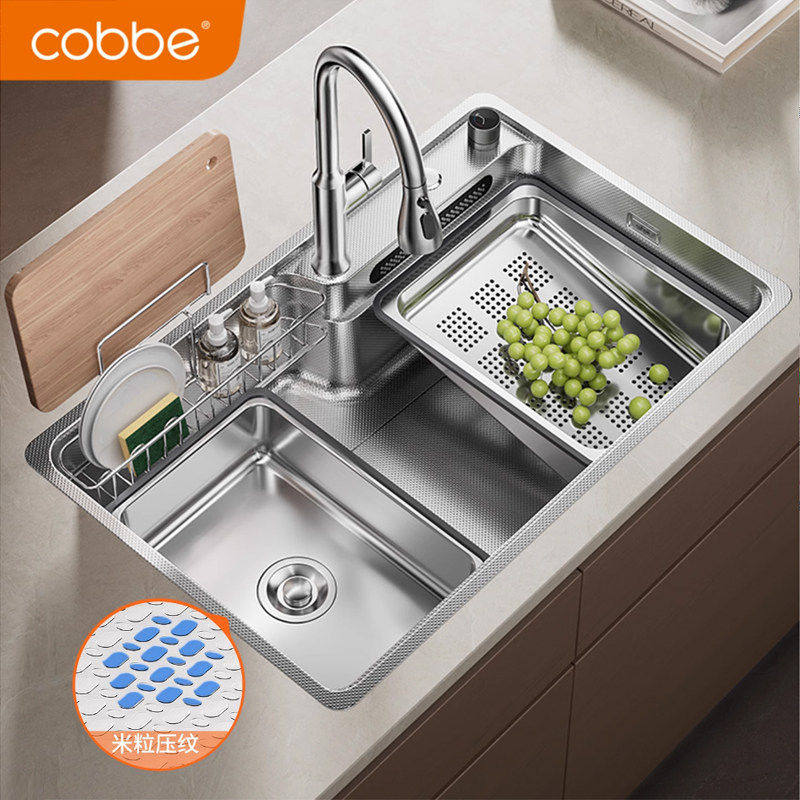 卡贝304不锈钢侧排款洗菜盆水槽大单槽加厚厨房家用台下洗碗盆池