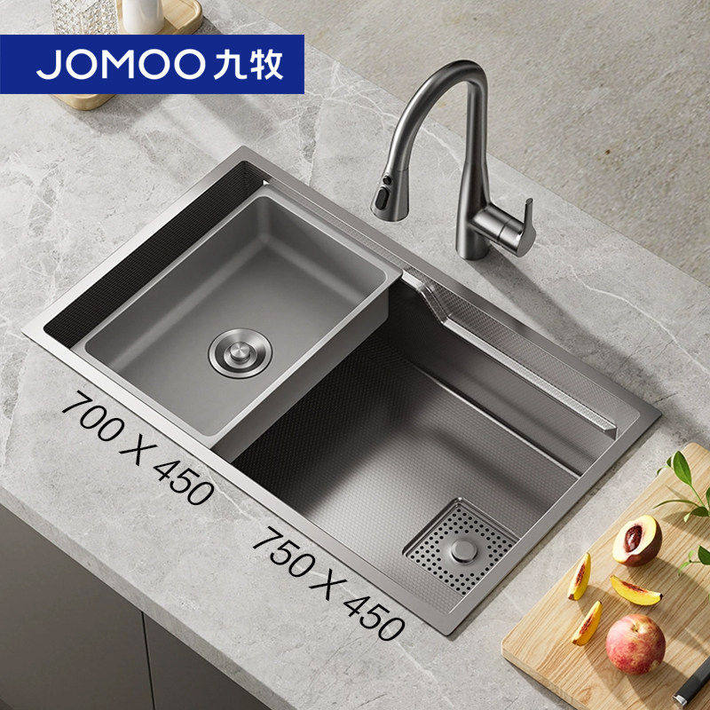 【重磅新品】九牧枪灰蜂窝纳米压纹不锈钢水槽手工大单槽厨房水池