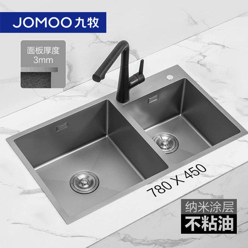 九牧厨房手工水槽加厚304不锈钢纳米防油污家用洗菜盆洗碗池套装
