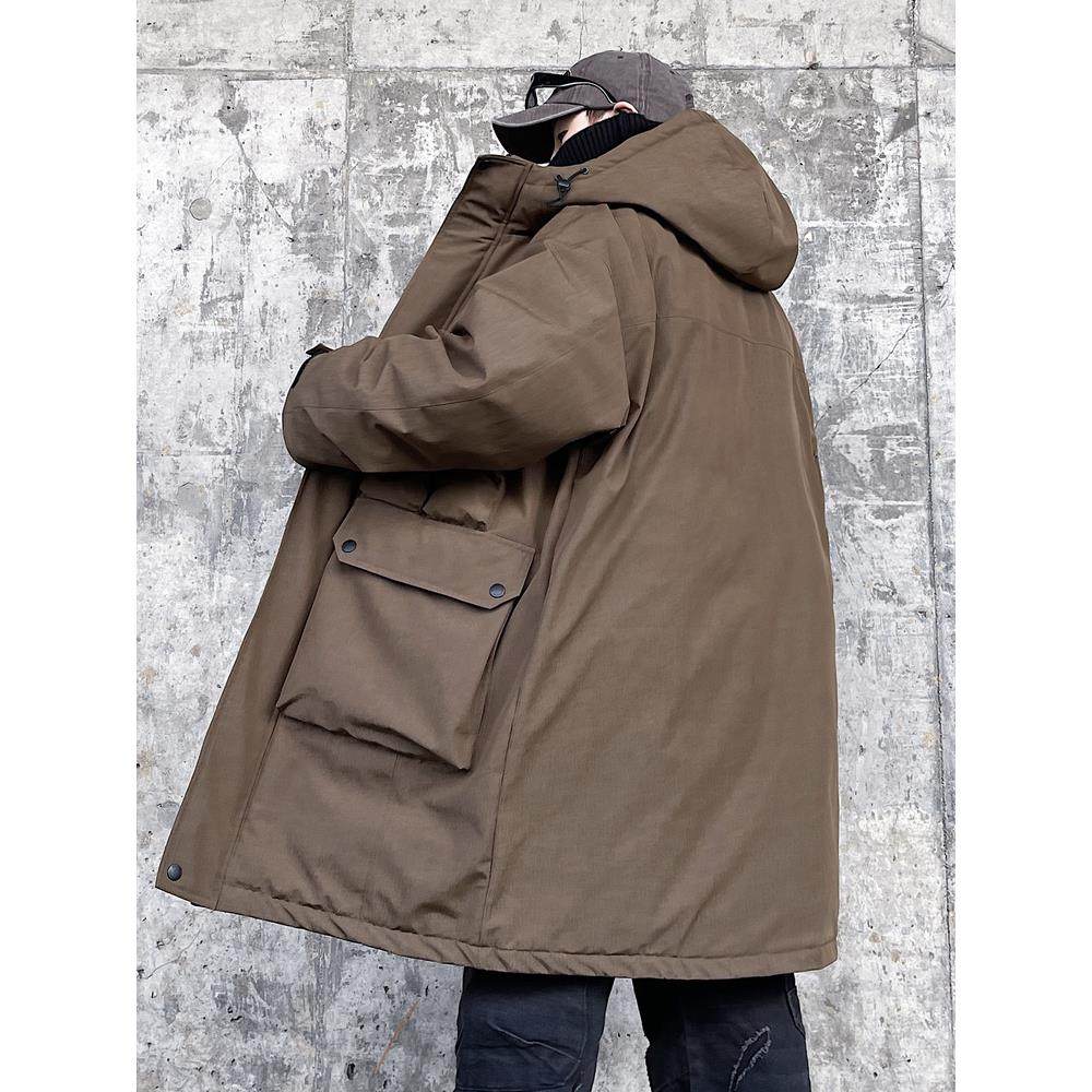 大码男装冬季新品中长款连帽羽绒服男加肥加大号加厚工装大衣外套