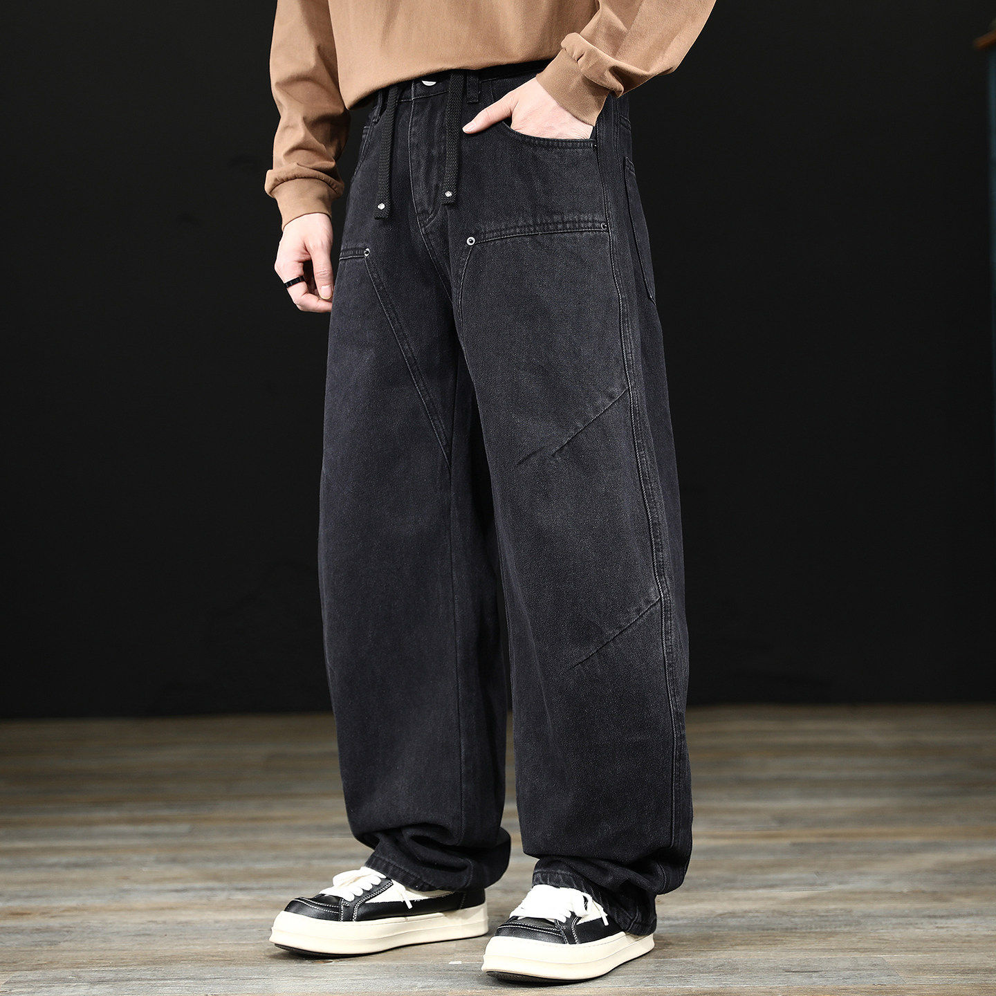 美式高街休闲弯刀牛仔裤男士宽松直筒春秋季松紧抽绳潮流阔腿裤子