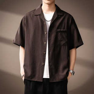 高端天丝亚麻古巴领短袖衬衫男夏季老钱风宽松垂感Cleanfit衬衣男
