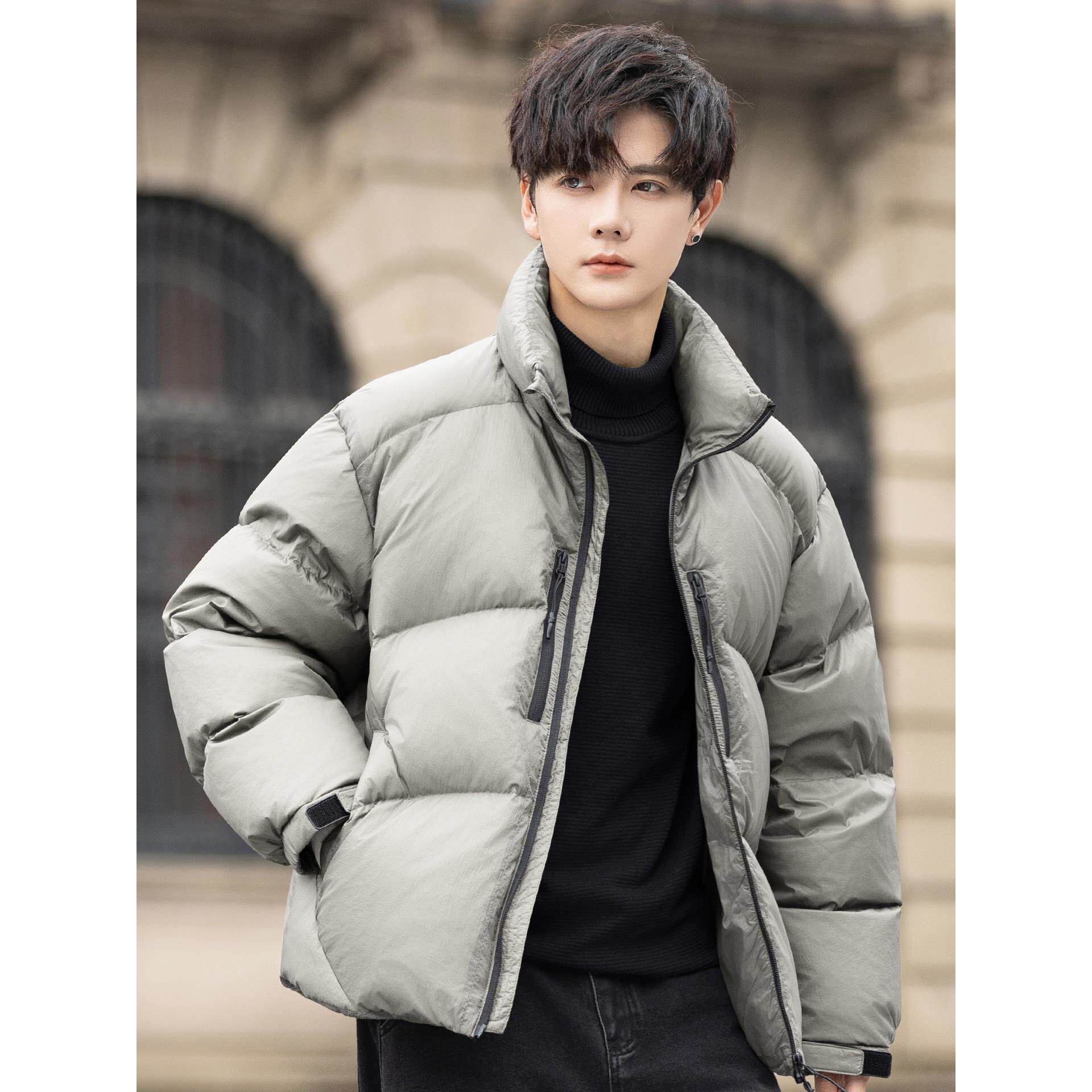 高充绒量男士立领羽绒服冬季轻薄排骨面包服新款白鸭绒外套加厚暖