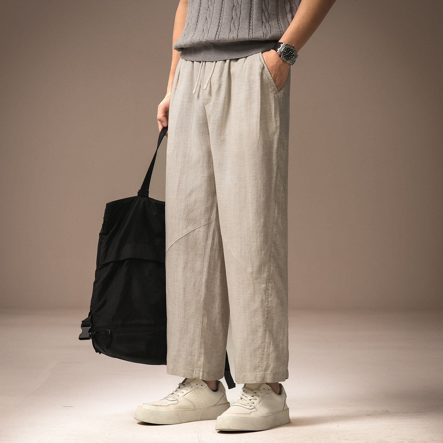 高端美式莱赛尔亚麻休闲裤子男夏季薄款冰丝垂感宽松直筒拼接长裤