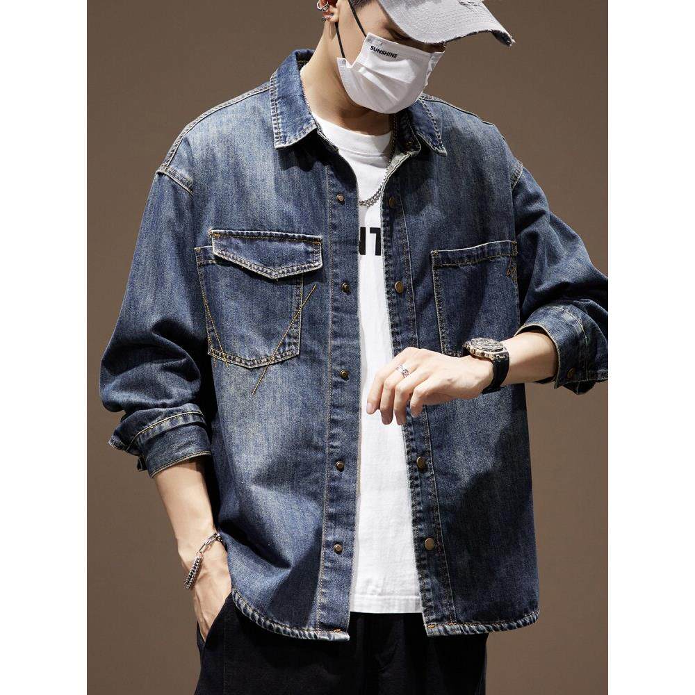 春季新款美式复古原色牛仔外套男潮牌高级感拼接工装衬衣翻领夹克