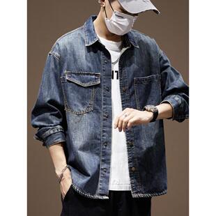 复古原色牛仔外套男潮牌高级感拼接工装 美式 衬衣翻领夹克 新款 春季