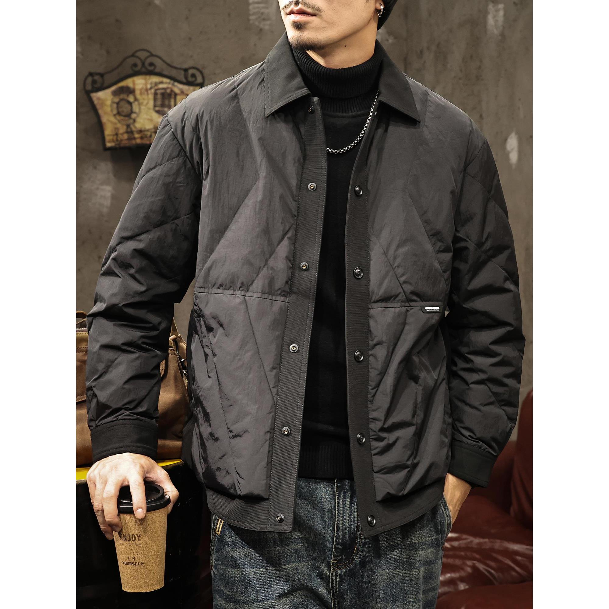 2025新轻薄羽绒服男冬季短款衬衫式羽绒外套防寒翻领菱形格羽绒衣