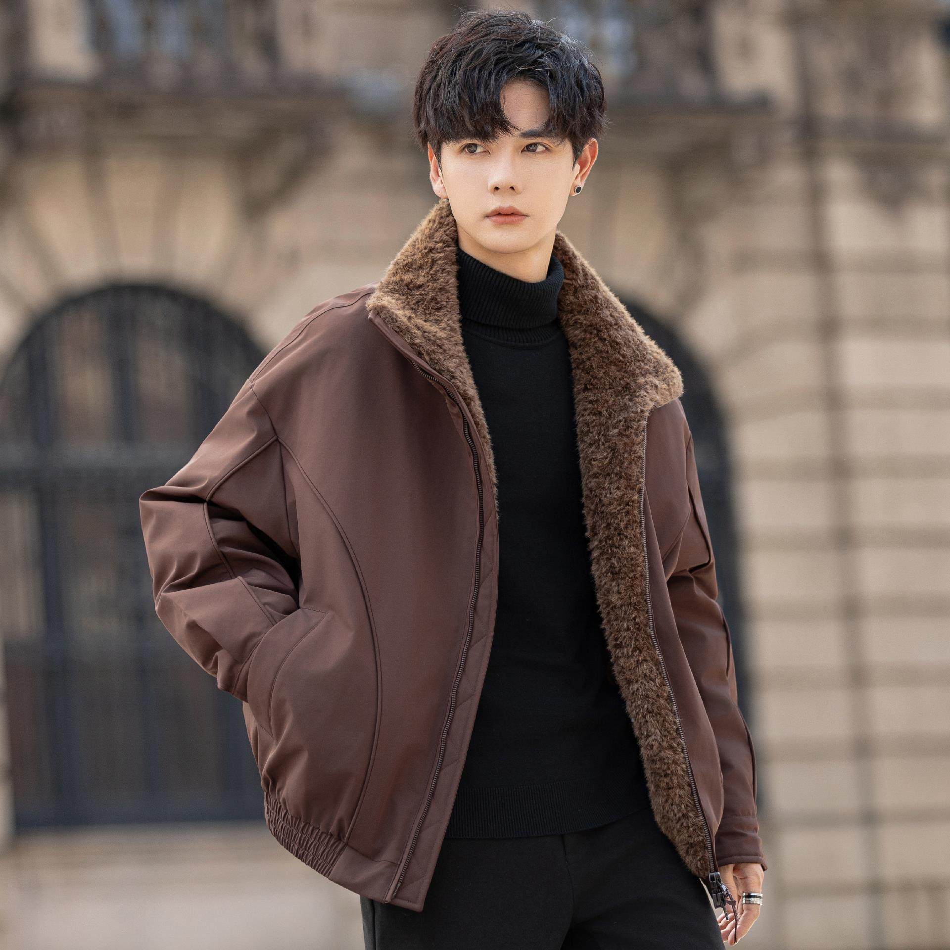 2025新款羊羔毛羽绒服男士外套短款皮毛一体派克内胆冬季加厚夹克