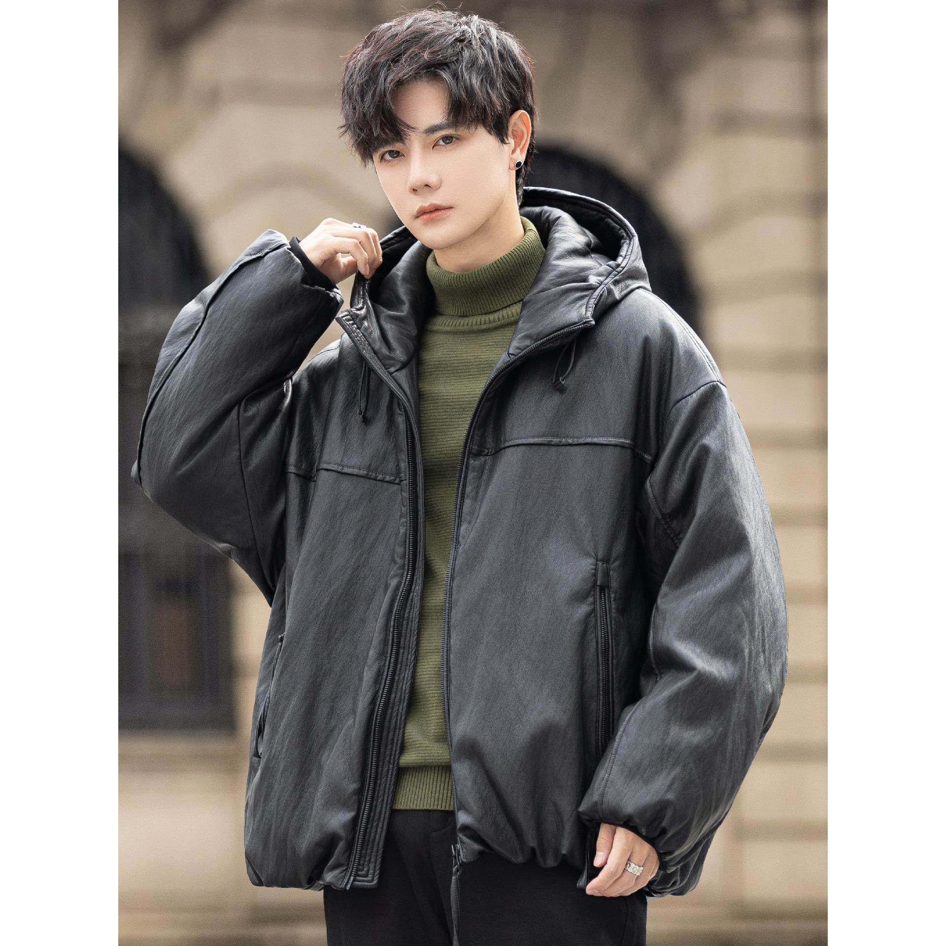 连帽pu皮衣羽绒服男士轻薄外套2025新款秋冬季加厚保暖夹克面包服