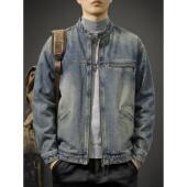 做旧牛仔外套男2026春秋重磅男士 春季 工装 美式 中山领夹克上衣 新款