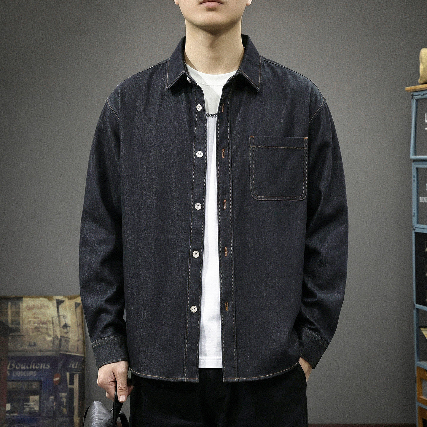 2026春季新款辑明线牛仔衬衫男春秋高级感翻领宽松长袖衬衣外套