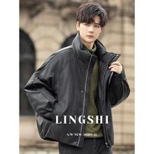 立领羽绒服男款冬季加厚2025新款防寒保暖机车PU皮衣夹克外套短款