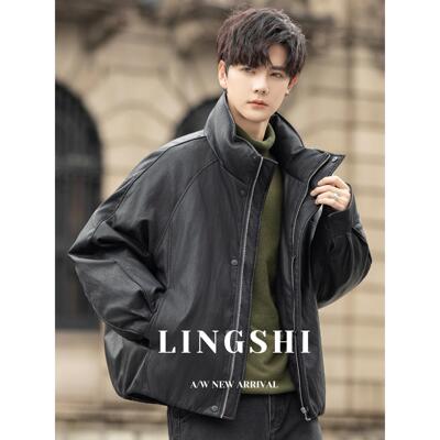 立领羽绒服男款冬季加厚2025新款防寒保暖机车PU皮衣夹克外套短款