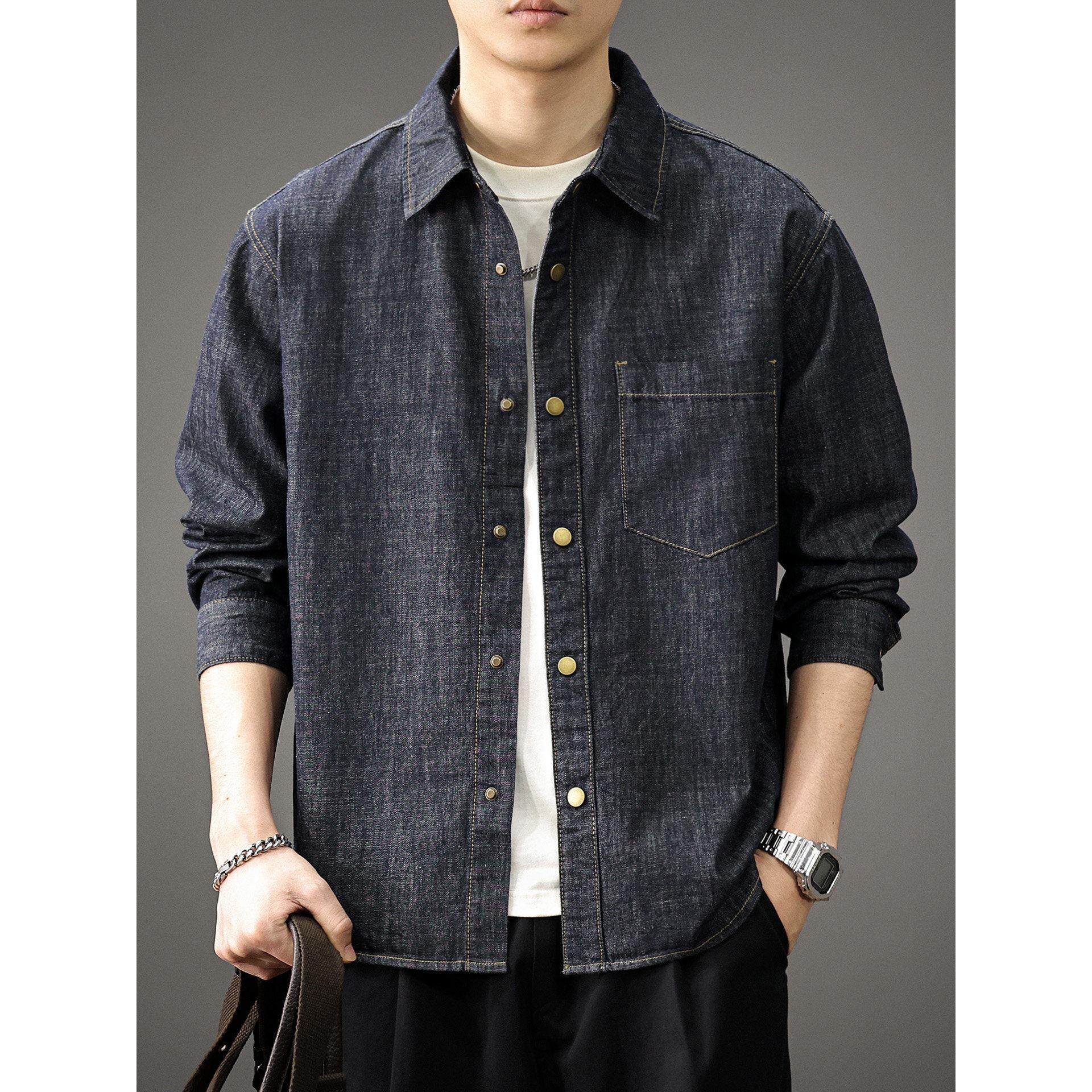 春季潮牌复古原色牛仔衬衫外套男2026新款高级感翻领长袖衬衣男款