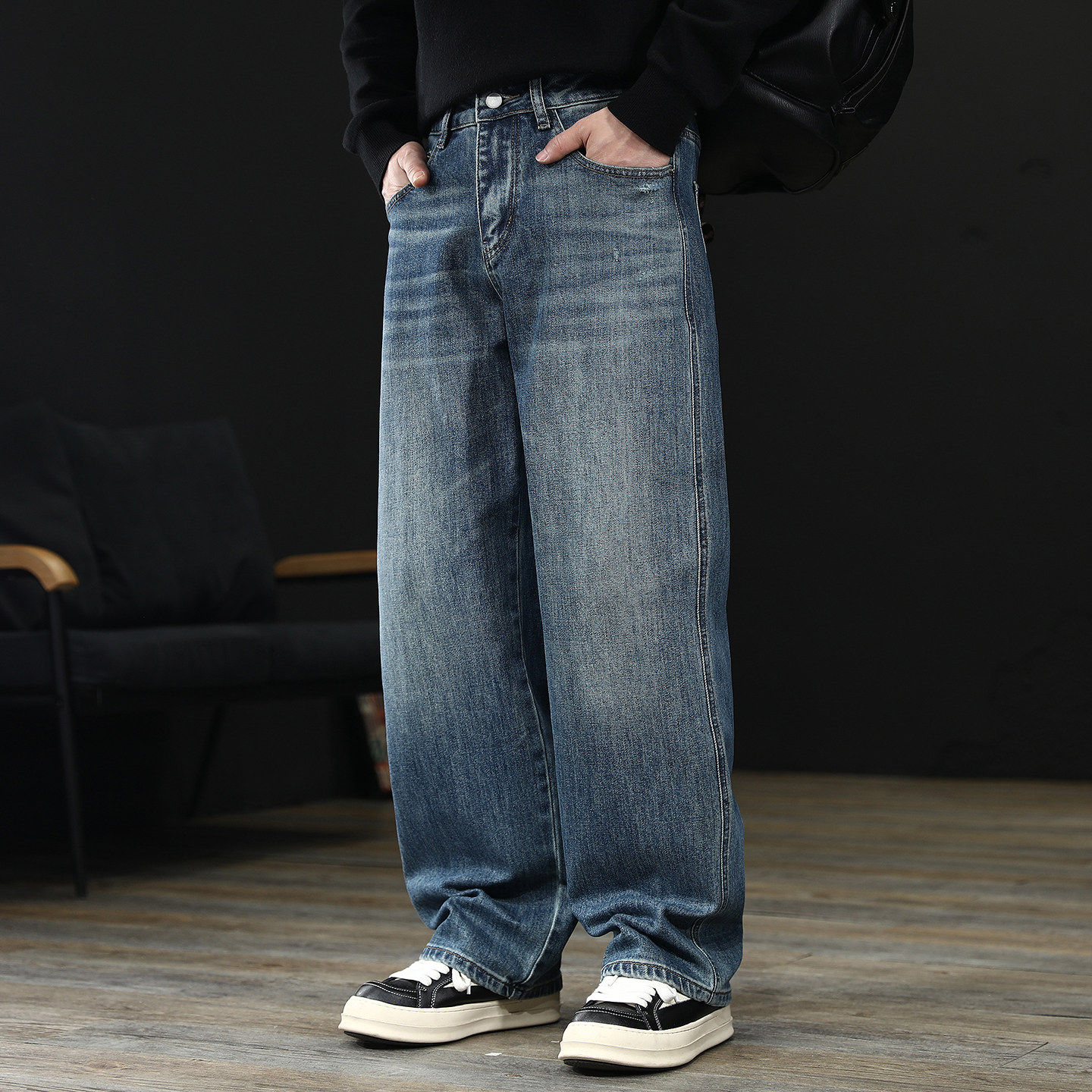 美式高街复古水洗直筒牛仔裤男春秋季潮流宽松休闲垂感阔腿长裤子
