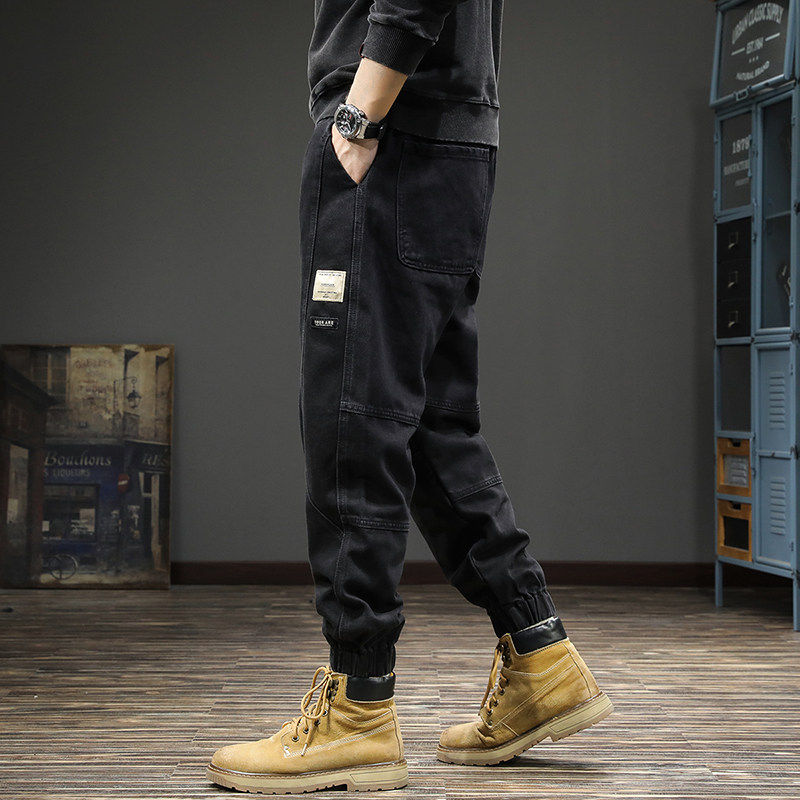春季新款潮牌拼接牛仔裤男宽松抽绳束口裤子春秋2026重磅工装长裤
