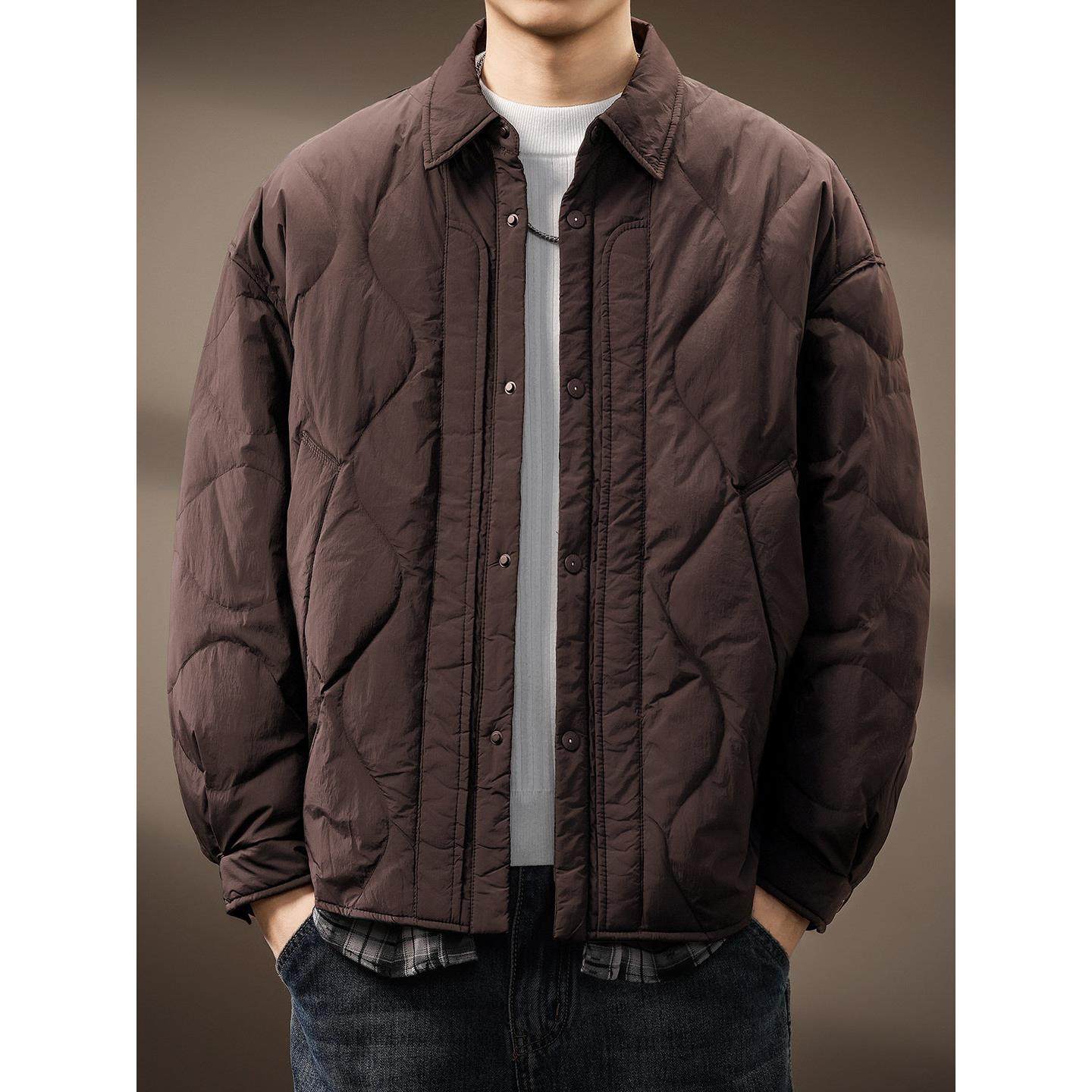 高端假两件轻薄保暖羽绒服男冬季新款菱形格翻领衬衫男士夹克外套