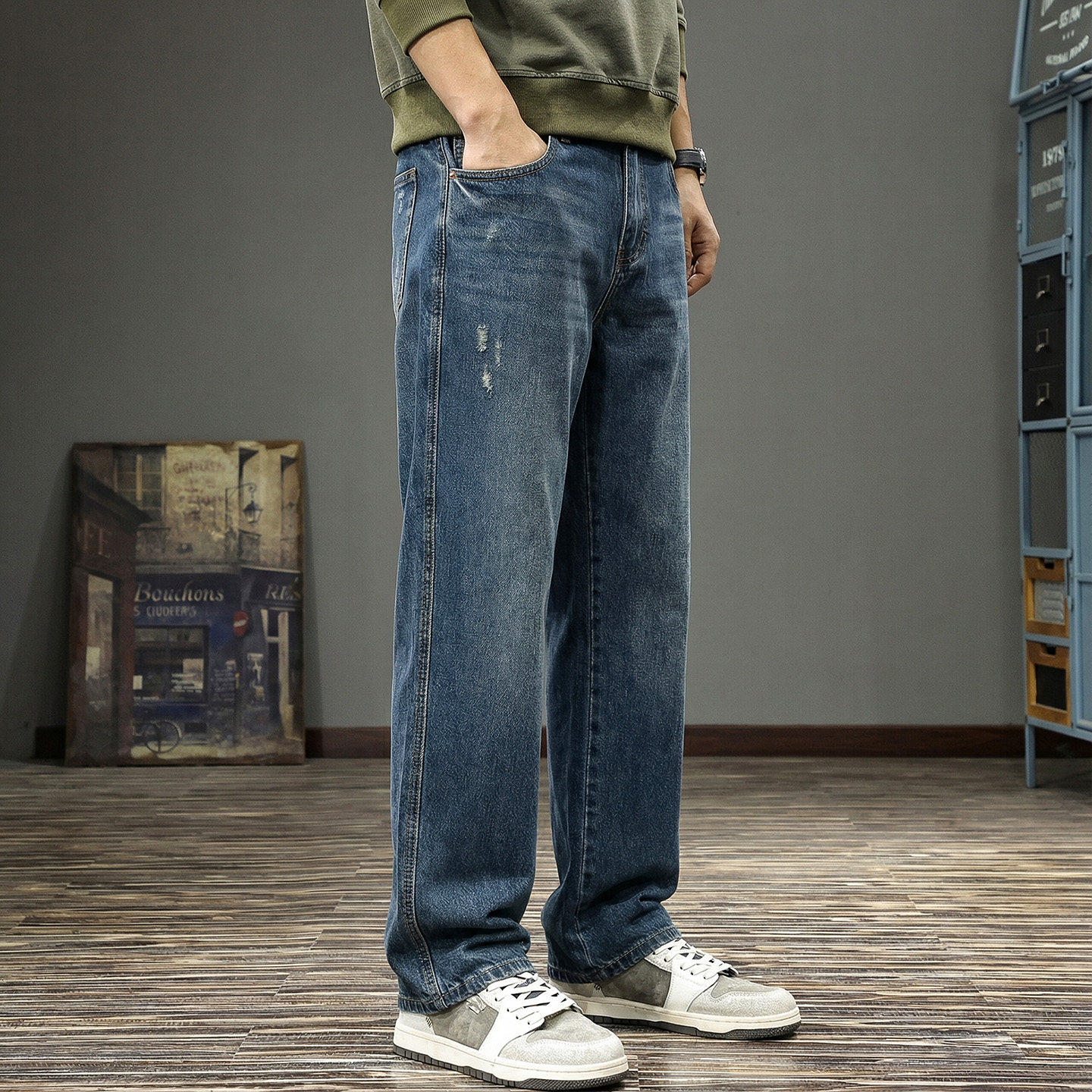 春季新款水洗刮烂破洞牛仔裤男2026春秋重磅复古垂感宽松直筒长裤