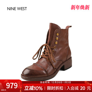 奥莱专供Nine 玖熙古圆头厚底马丁靴粗跟切尔西靴高跟短靴女 West