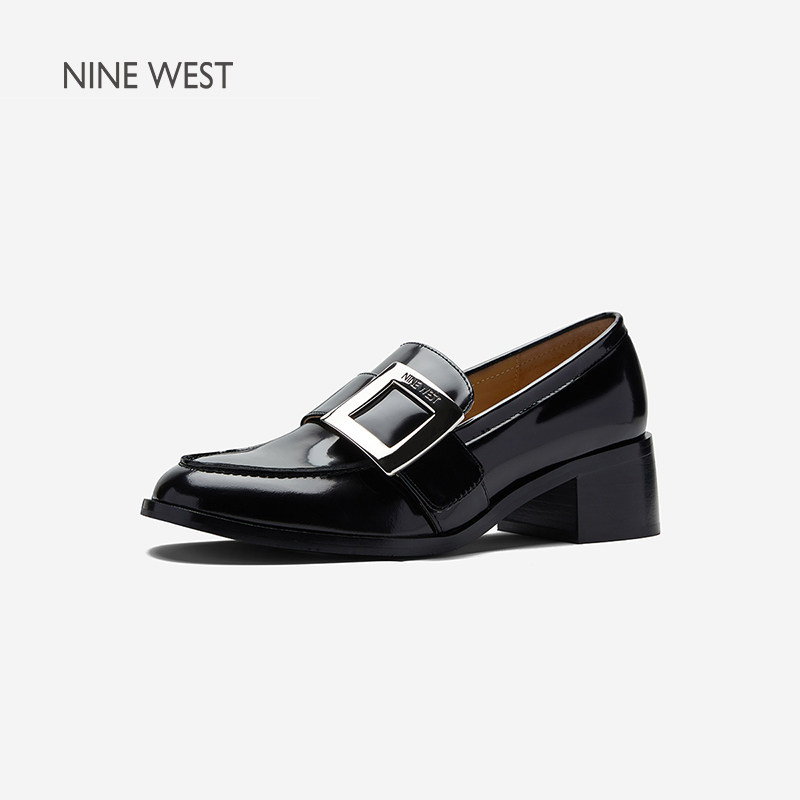 Nine West/玖熙英伦风复古搭扣乐福鞋女粗跟黑色小皮鞋金属扣