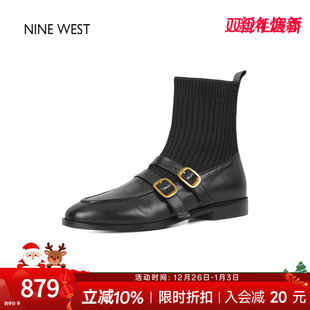 复古弹力瘦瘦靴袜靴平底短靴通勤靴子 玖熙法式 奥莱专供Nine West