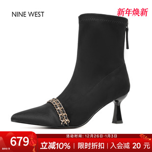 复古尖头弹力瘦瘦靴高跟短靴粗跟靴子 玖熙法式 奥莱专供Nine West