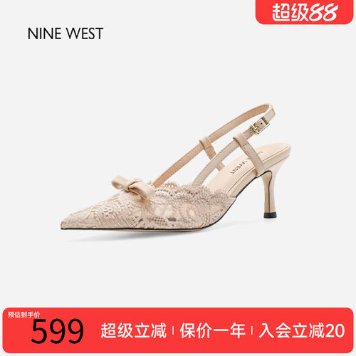 玖熙蕾丝尖头细高跟蝴蝶结凉鞋