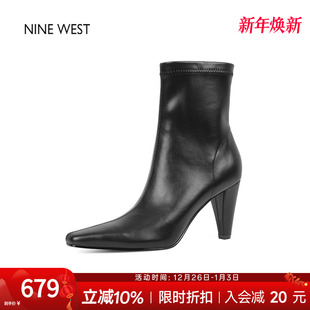 短靴 玖熙方头高跟弹力瘦瘦靴粗跟靴子巨好看 奥莱专供Nine West