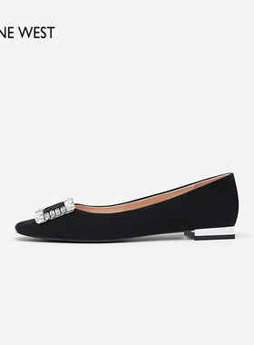 奥莱专供Nine West/玖熙低跟单鞋女钻扣方头绒面通勤平底鞋女奥莱