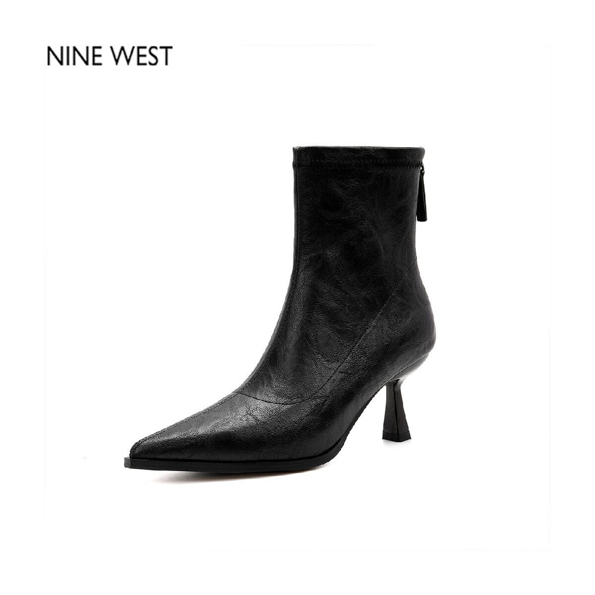 奥莱专供Nine West/玖熙黑色法式尖头高跟短筒靴显瘦御姐风女皮靴图片