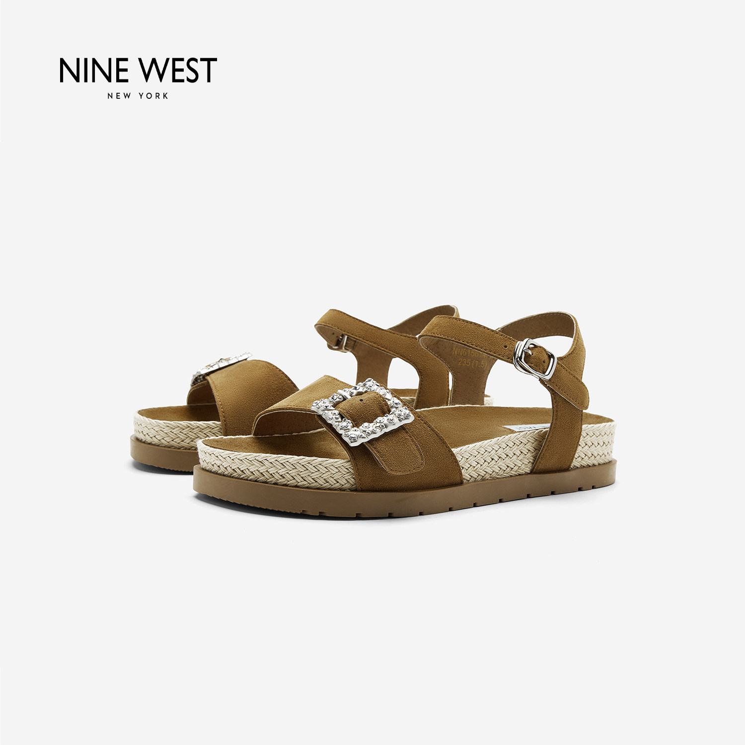 奥莱专供Nine West/玖熙2026年夏季一字带凉鞋厚底编织底简约女鞋