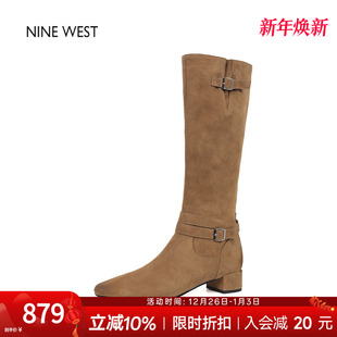 靴子 玖熙方头长筒靴粗跟高筒靴不过膝长靴新款 奥莱专供Nine West