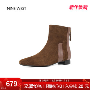 靴子 玖熙方头弹力瘦瘦靴粗跟加绒短靴巨好看 奥莱专供Nine West