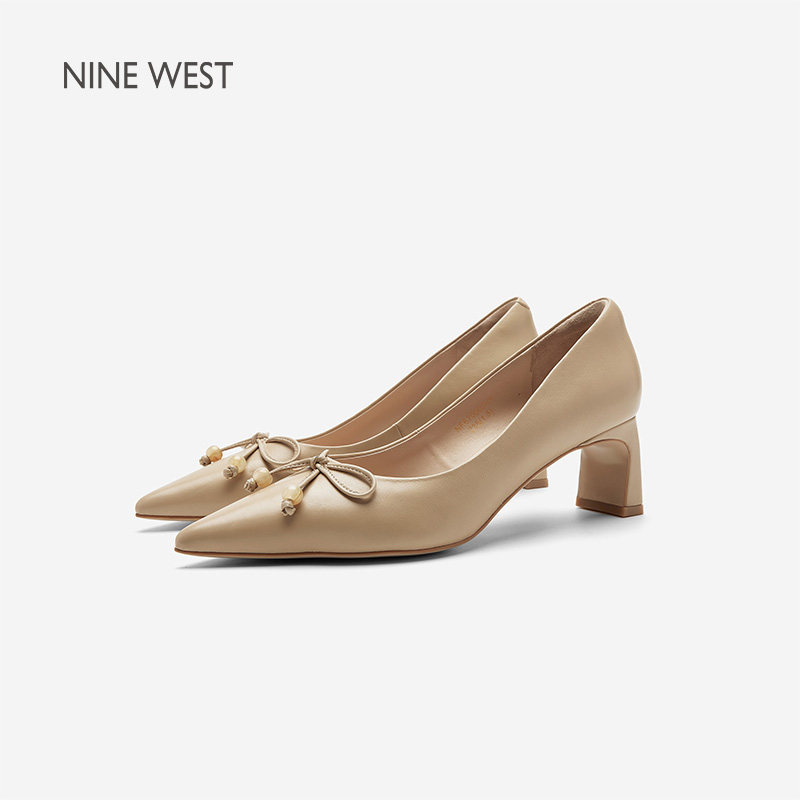 Nine West/玖熙优雅尖头粗跟单鞋女蝴蝶结装饰百搭通勤职场鞋女鞋