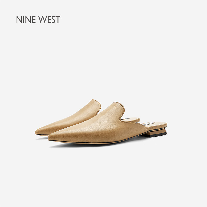 Nine West/玖熙法式尖头包头拖鞋女单鞋春夏新款真皮低跟穆勒鞋