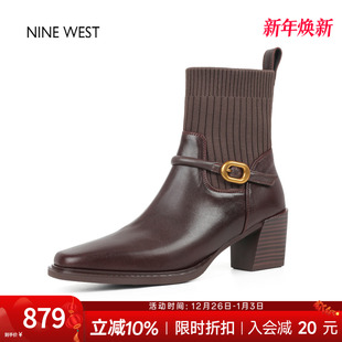 奥莱专供Nine 玖熙方头弹力针织瘦瘦靴袜靴粗跟短靴高跟靴子 West