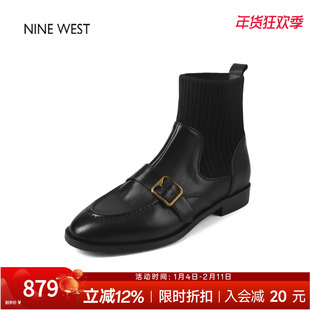 奥莱专供Nine West/玖熙针织拼接皮鞋复古短靴女法式瘦瘦靴马丁靴