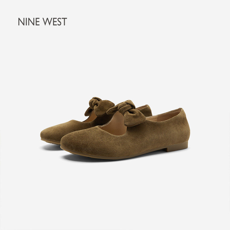 奥莱专供Nine West/玖熙反绒皮蝴蝶结玛丽珍鞋女平跟芭蕾浅口单鞋
