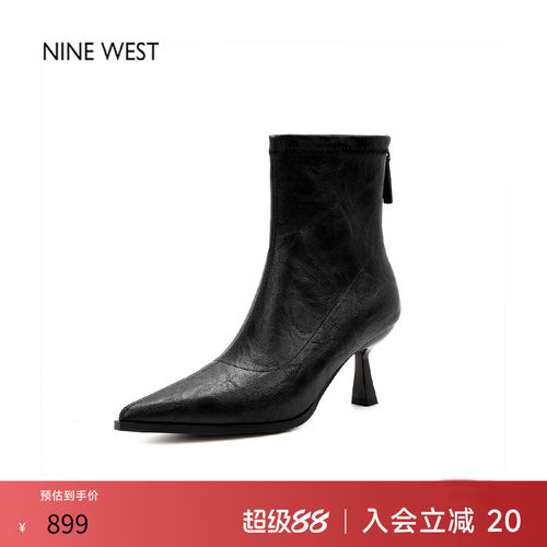 奥莱专供Nine West/玖熙黑色法式尖头高跟短筒靴显瘦御姐风女皮靴